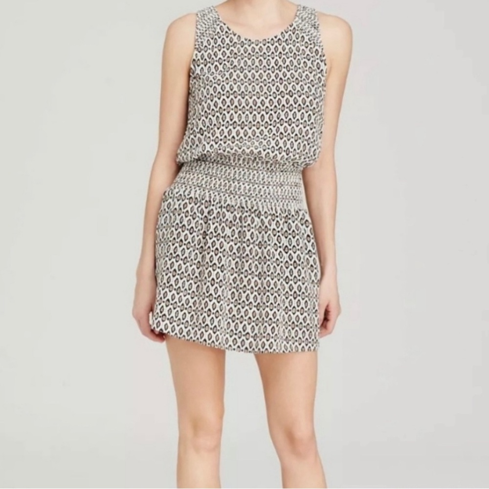 Joie Silk Sleeveless Smocked Dress in Tan, Black, and White